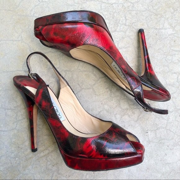 Jimmy Choo Sandals Heels Clue Peep Toe Slingbacks Red Black Patent Leather 37 - Picture 1 of 9